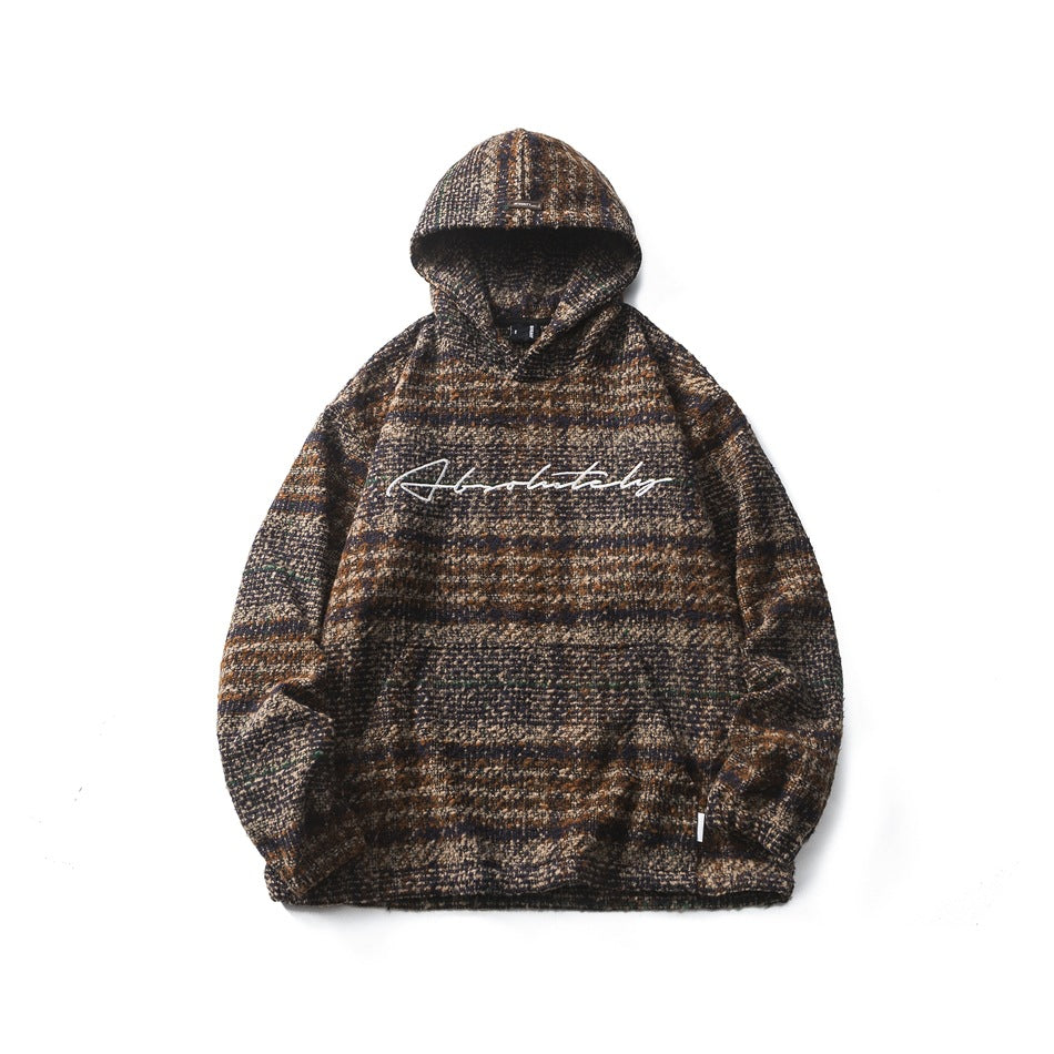 Brown, orange and navy plaid hoodie with white script embroidery and front pouch pocket, flat front view