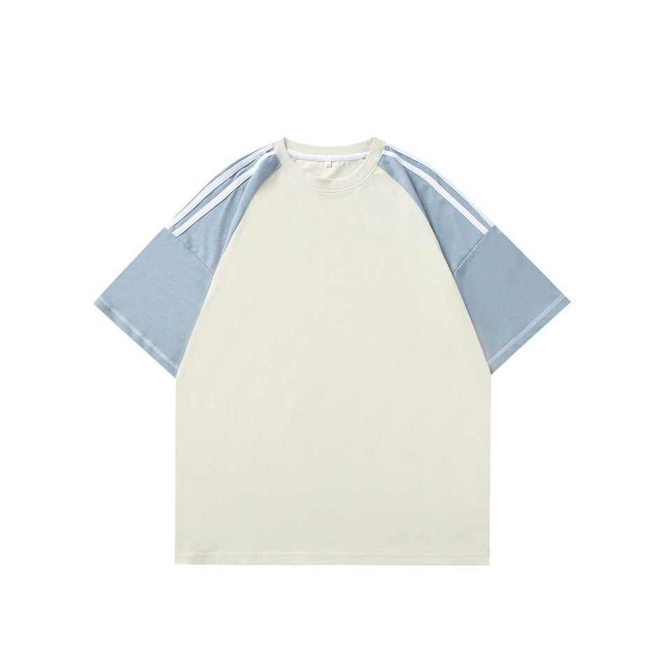 Cream crew-neck T-shirt with light blue raglan sleeves, white shoulder stripes and contrast stitching at the sleeve hems