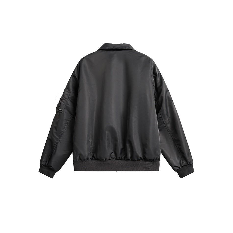 Back view of a black bomber jacket with a collar, long sleeves, ribbed cuffs and hem, and a sleeve pocket.