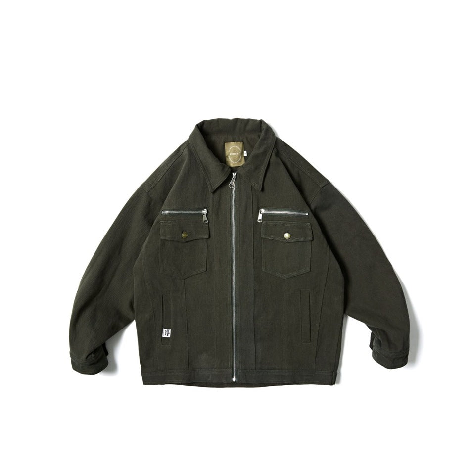 Dark olive green zip-front jacket with collar, chest flap pockets and zipper details, flat lay front view