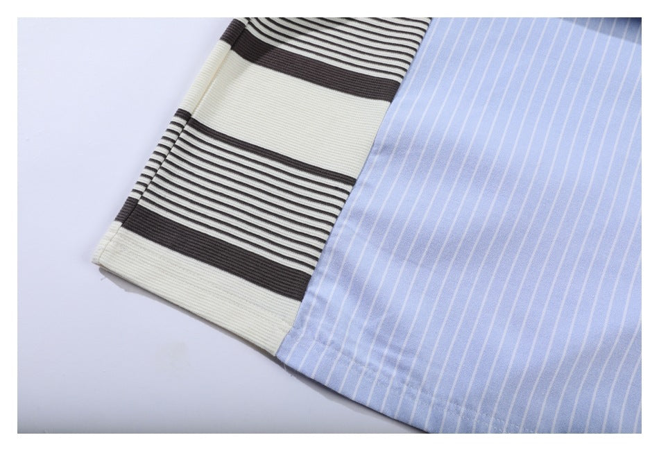 Close-up showing a light blue garment with white pinstripes beside a contrasting cream and dark striped panel.