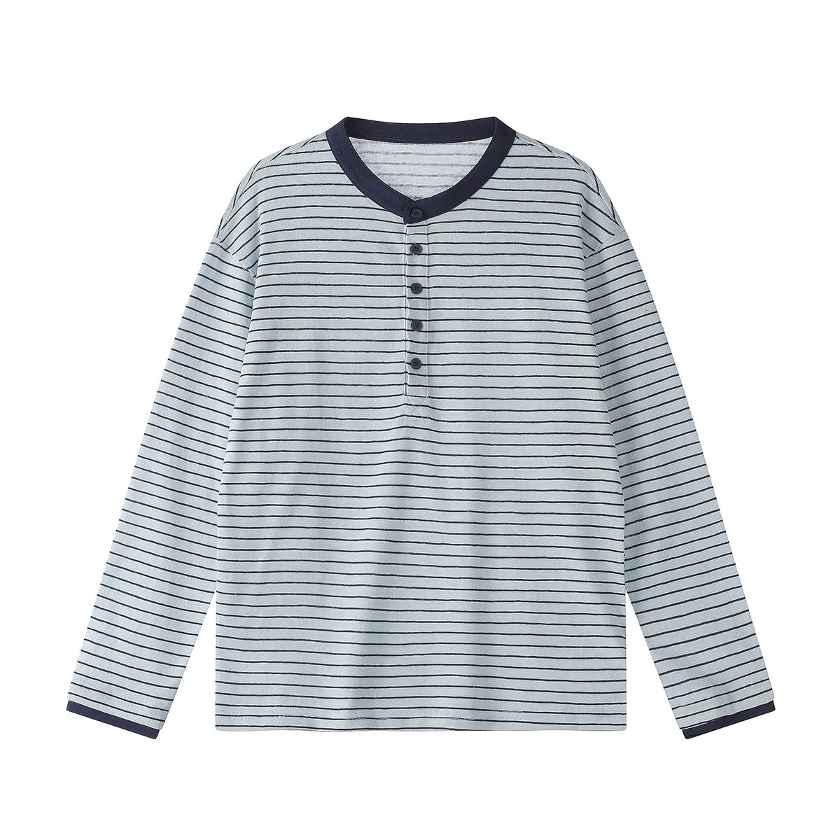 Light blue striped long-sleeve Henley top with navy collar, four buttons and navy cuff trim, flat front view
