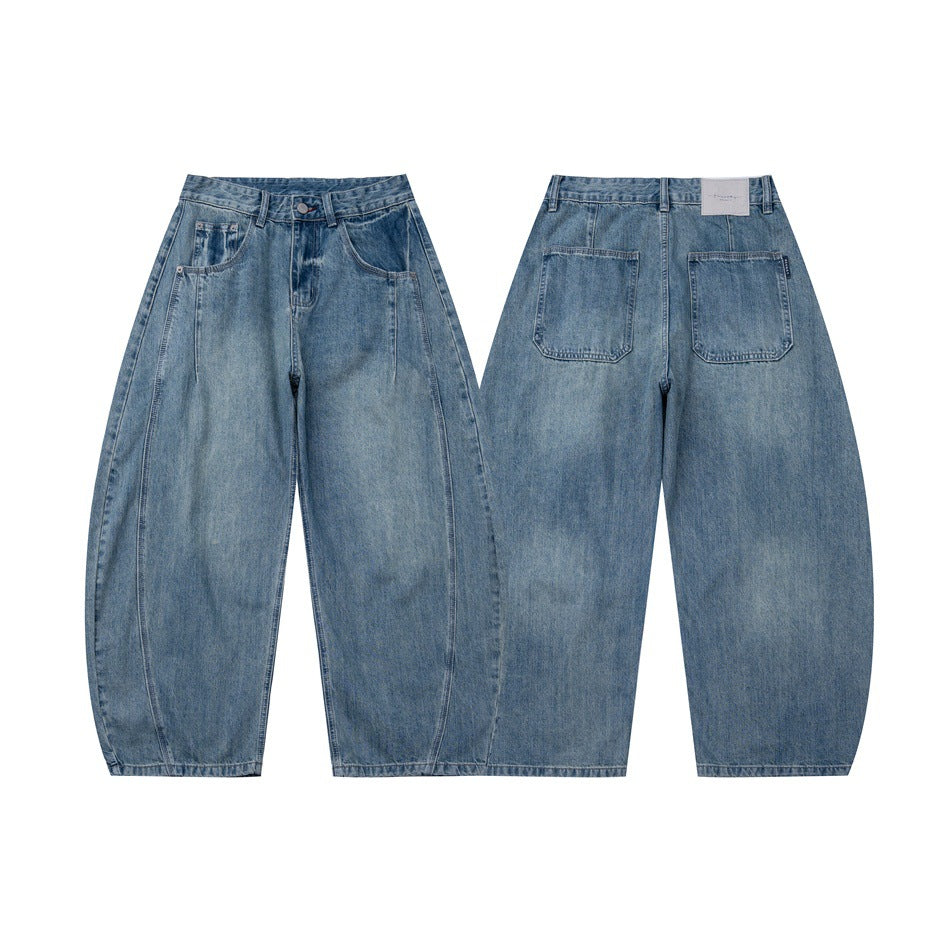 Faded blue jeans shown from the front and back, with front pockets and two rear patch pockets.