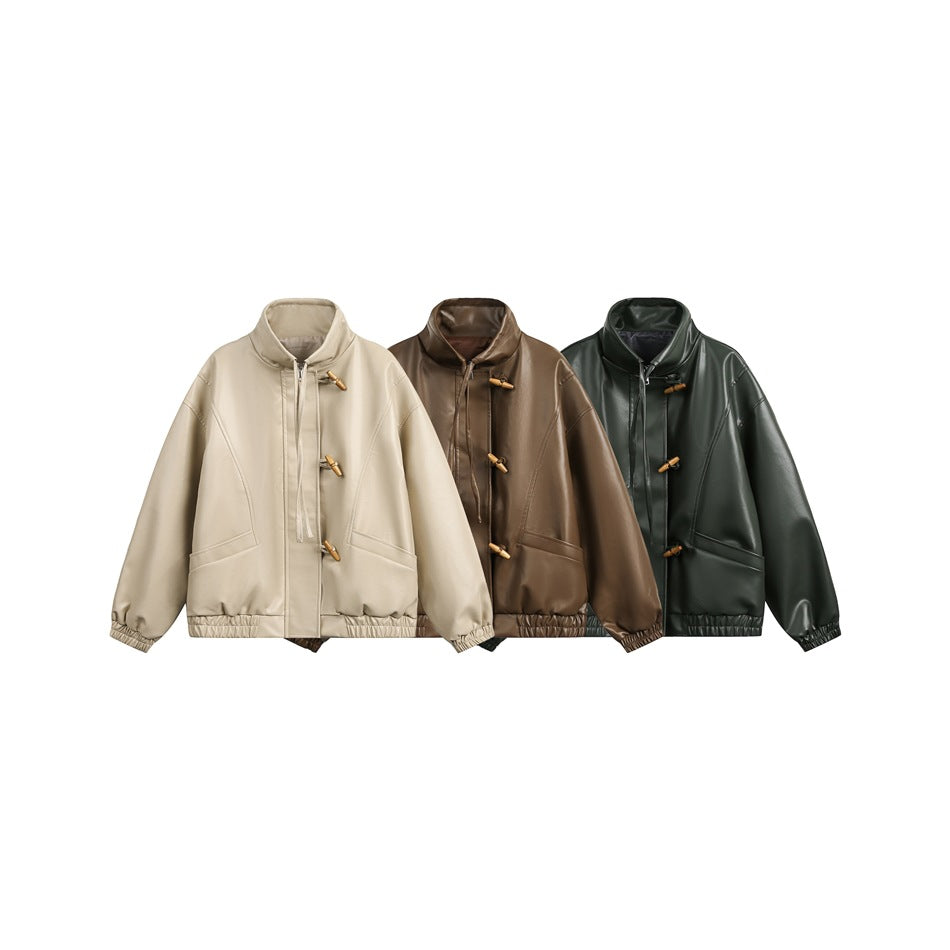 Three toggle-front jackets with stand collars and elastic hems, shown in cream, brown, and dark green.