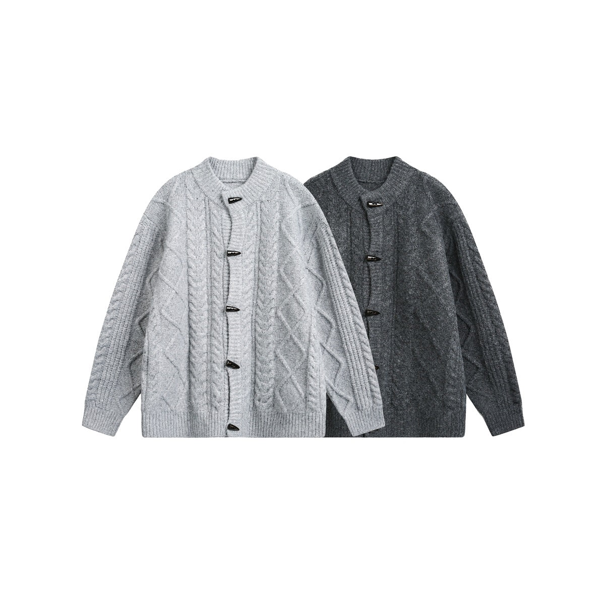 Two cable-knit toggle cardigans shown together: one light gray and one charcoal.