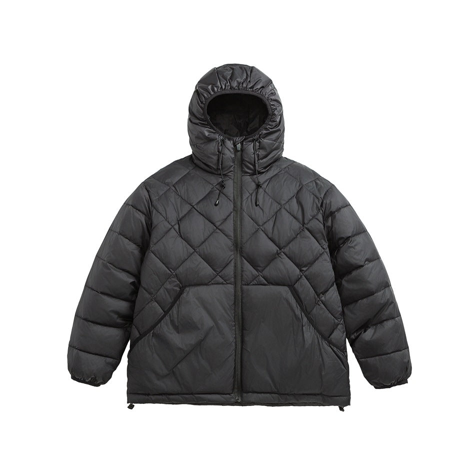 Black diamond-quilted hooded puffer jacket, front view, with center zipper, drawcord hood and front pockets