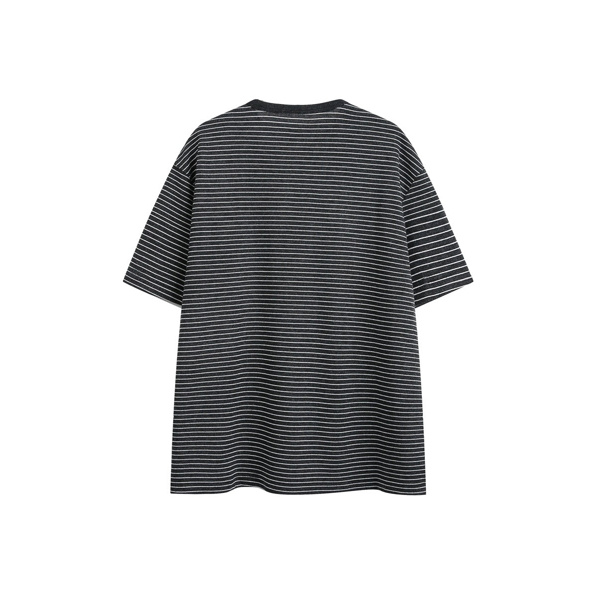Back view of a black short-sleeve T-shirt with thin white horizontal stripes and a crew neck.