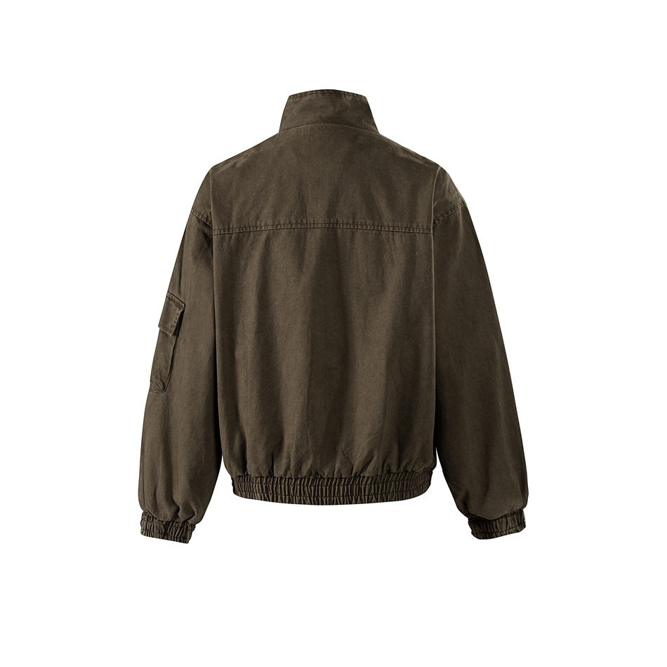 Coffee brown washed stand-collar jacket, back view, with yoke seam, sleeve flap pocket and elastic hem