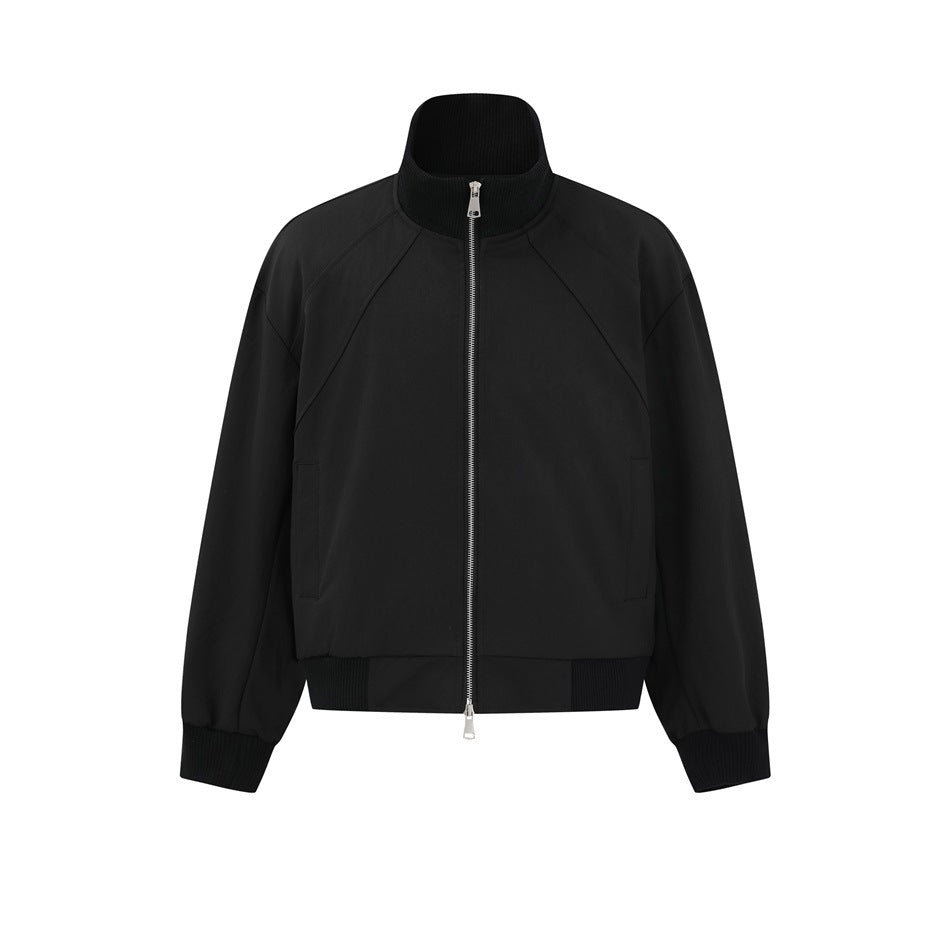 Black zip-front bomber jacket with ribbed stand collar, cuffs and hem, front view on white