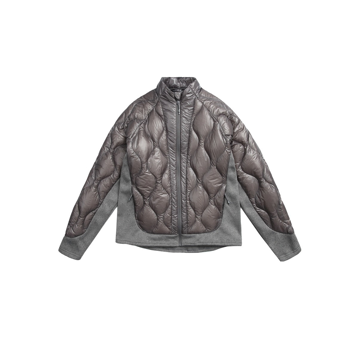 Dark gray quilted stand-collar zip jacket with heathered gray knit side panels and cuffs, front view