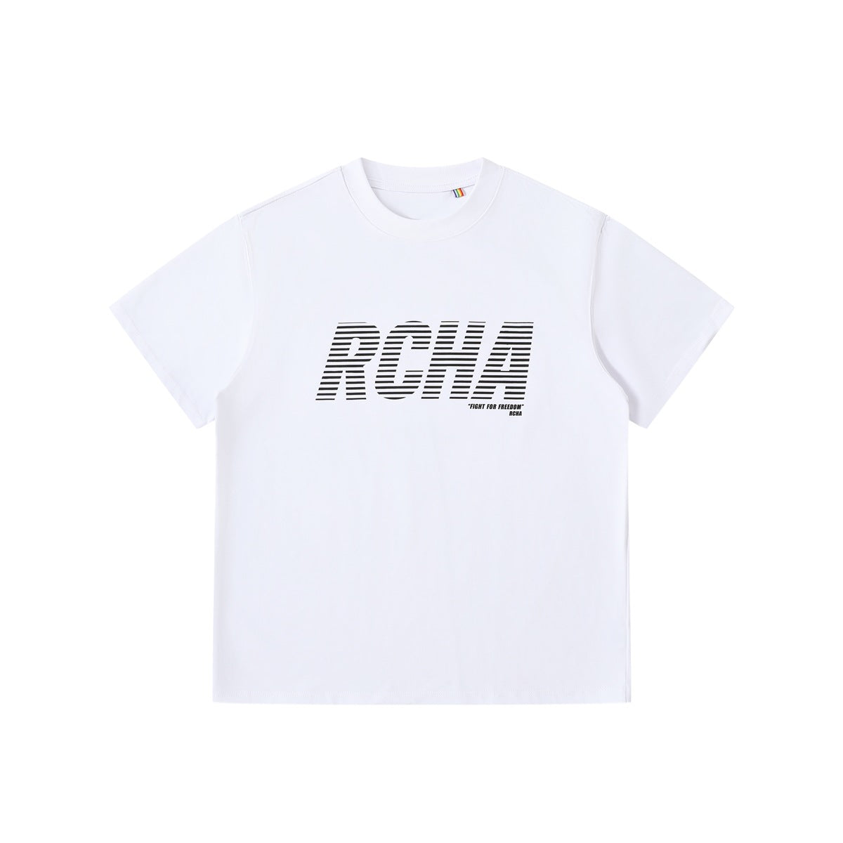 White short-sleeve crew-neck T-shirt with black striped RCHA graphic on the chest, flat front view