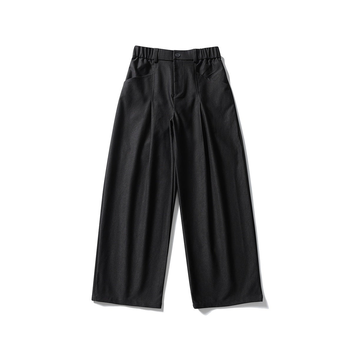 Black wide-leg pleated trousers with elastic waistband and button, front flat lay