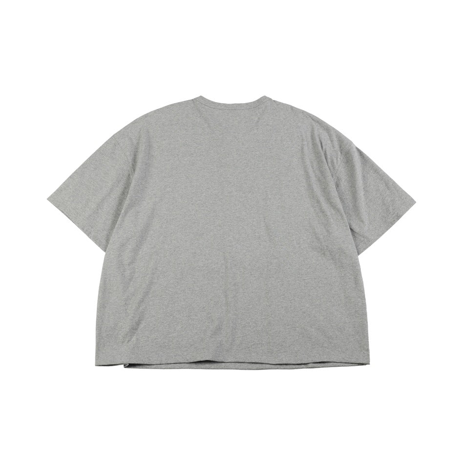 Back view of gray short-sleeve T-shirt flat lay with plain back and round neckline