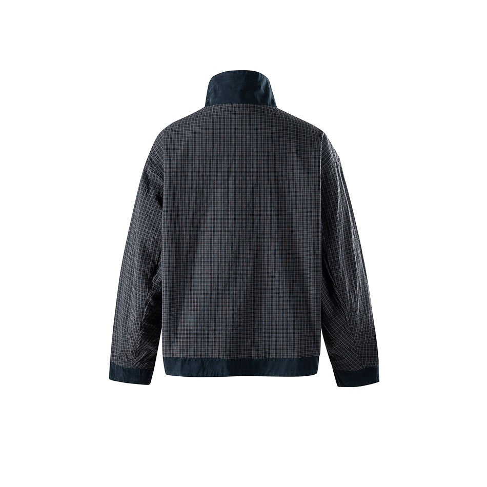 Back view of a small-check jacket with a navy stand collar, cuffs, and hem.