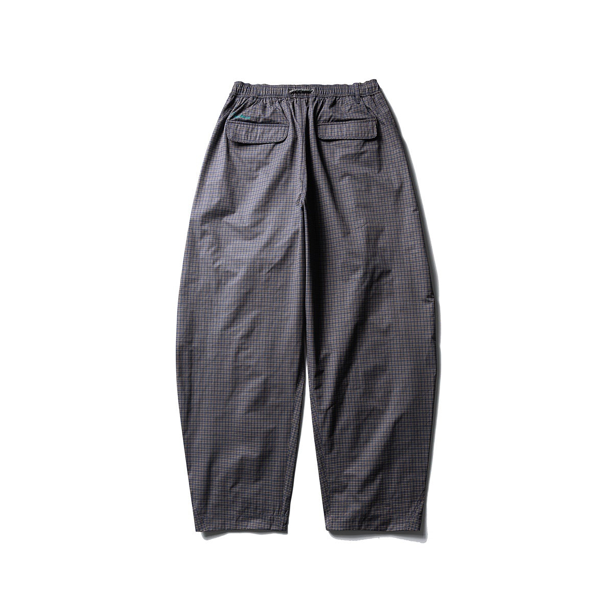 Back view of dark check trousers with an elastic drawstring waist and two flap back pockets.