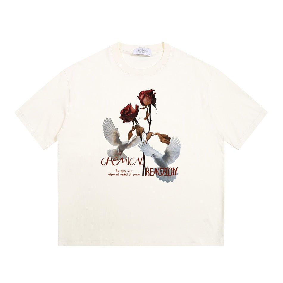 Apricot cream short-sleeve crew neck T-shirt with a front graphic of red roses, white doves and red text