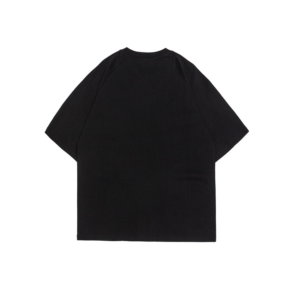 Back view of a plain black short-sleeve crew-neck T-shirt laid flat.