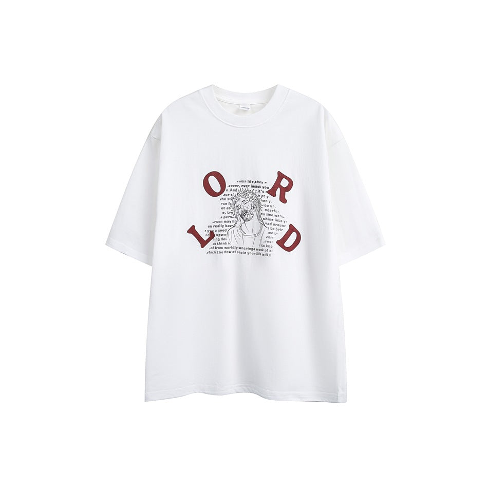 Front of a white short-sleeve T-shirt with a central graphic of red letters, small text, and a line-drawn portrait.