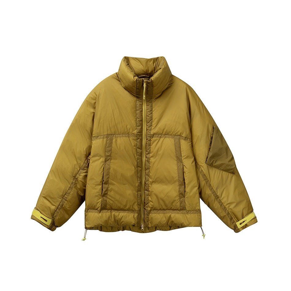 Yellow quilted stand-collar puffer jacket with front zipper, taped pockets and drawcord hem, flat front view