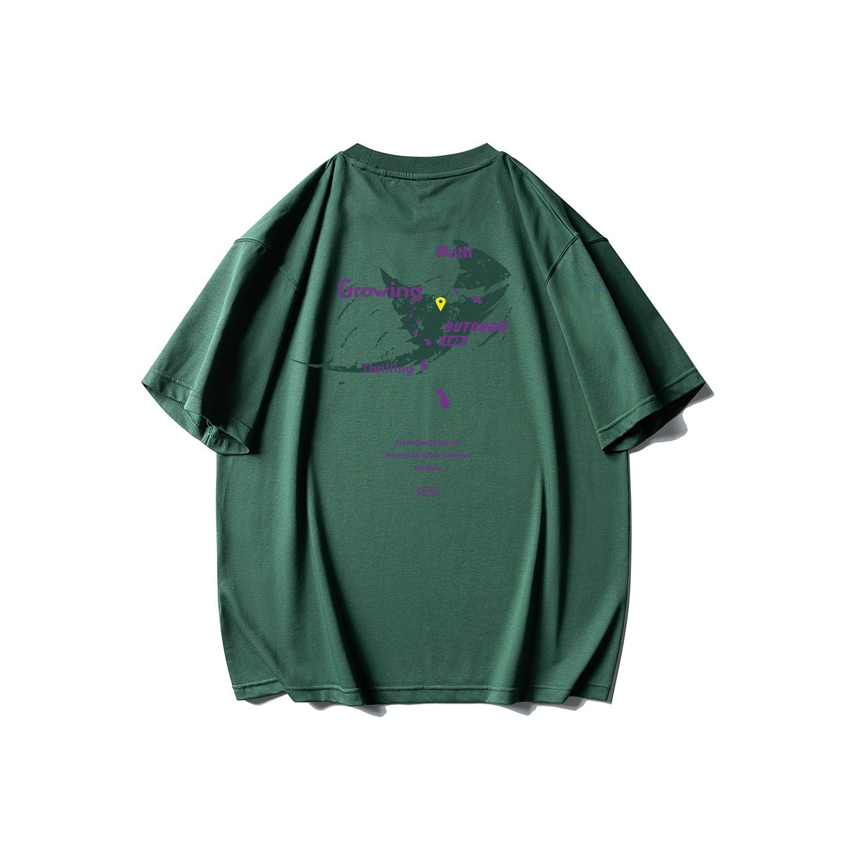 Back view of a dark green oversized T-shirt with a purple outdoor-themed graphic and text.