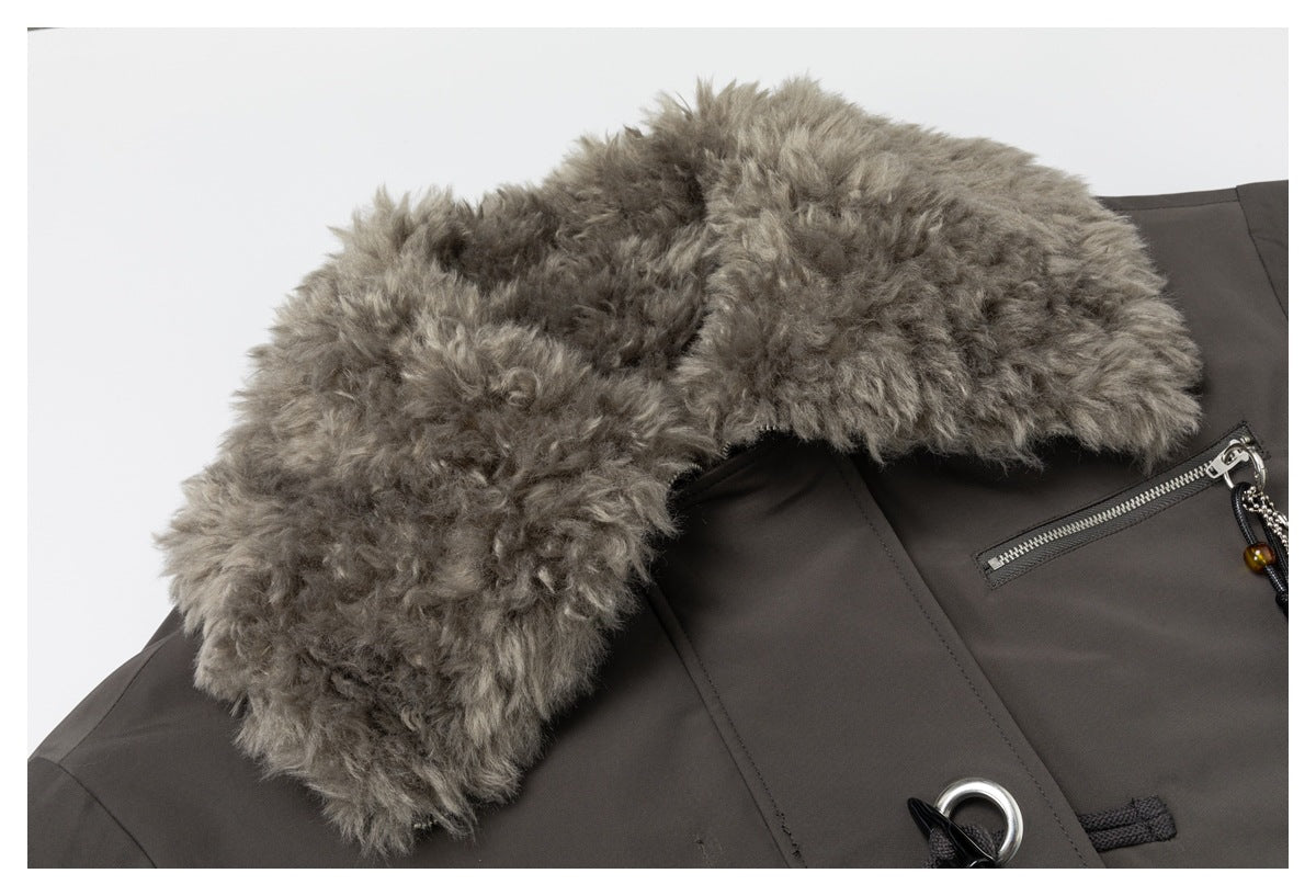 Close-up of the jacket's thick gray fur collar and upper front.