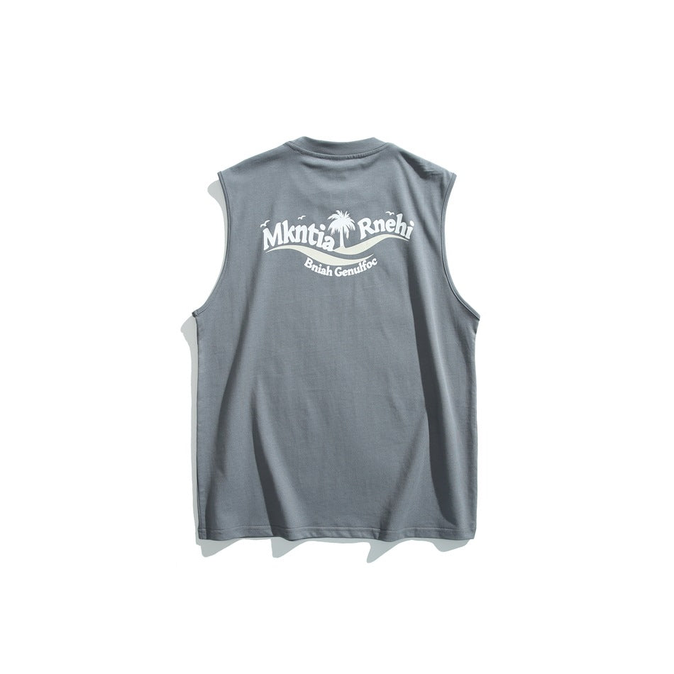 Dark gray sleeveless crew-neck tank top, back view with white palm tree and wave graphic print
