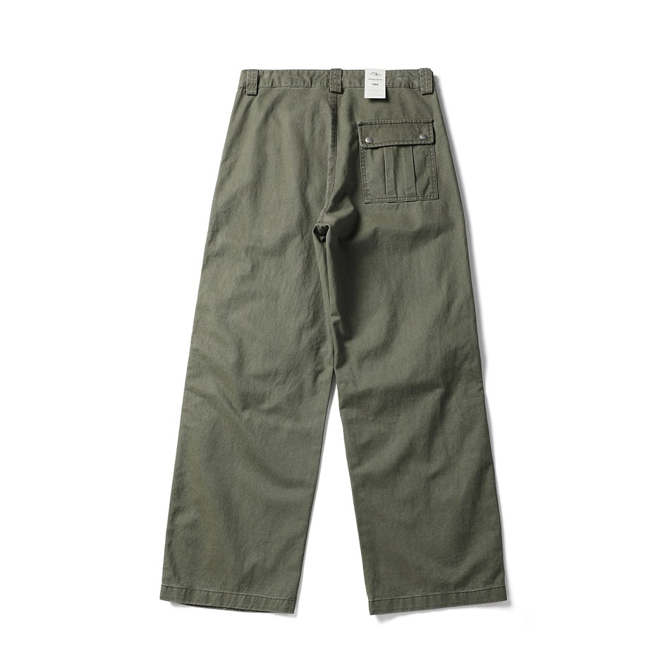 Back view of wide-leg olive trousers with belt loops and a button-flap pocket.
