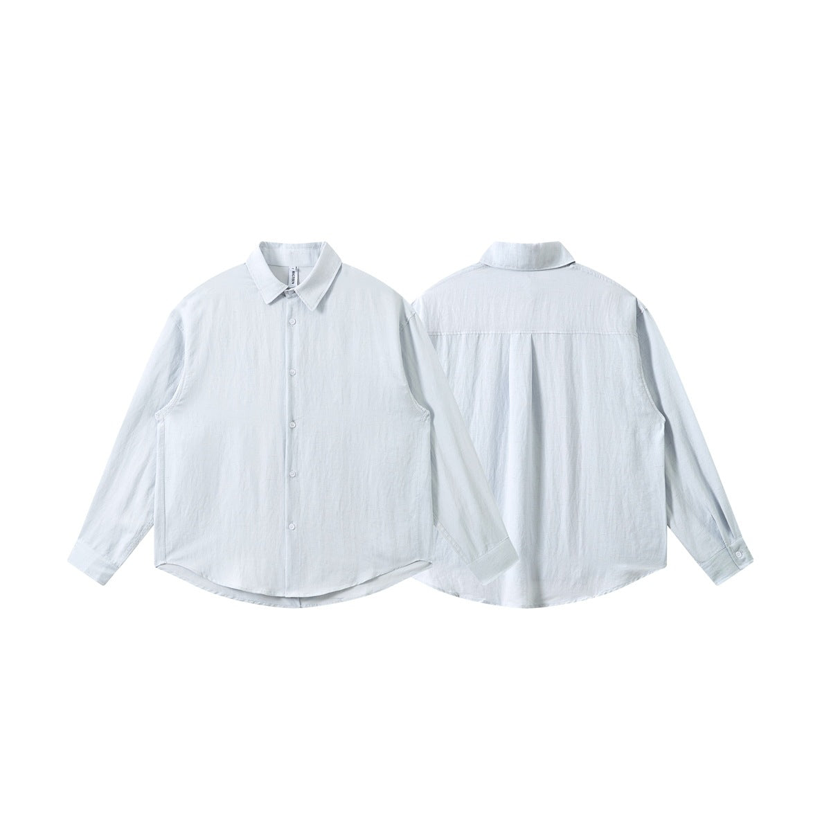 Pale blue-gray long-sleeve button-down shirt shown from the front and back.