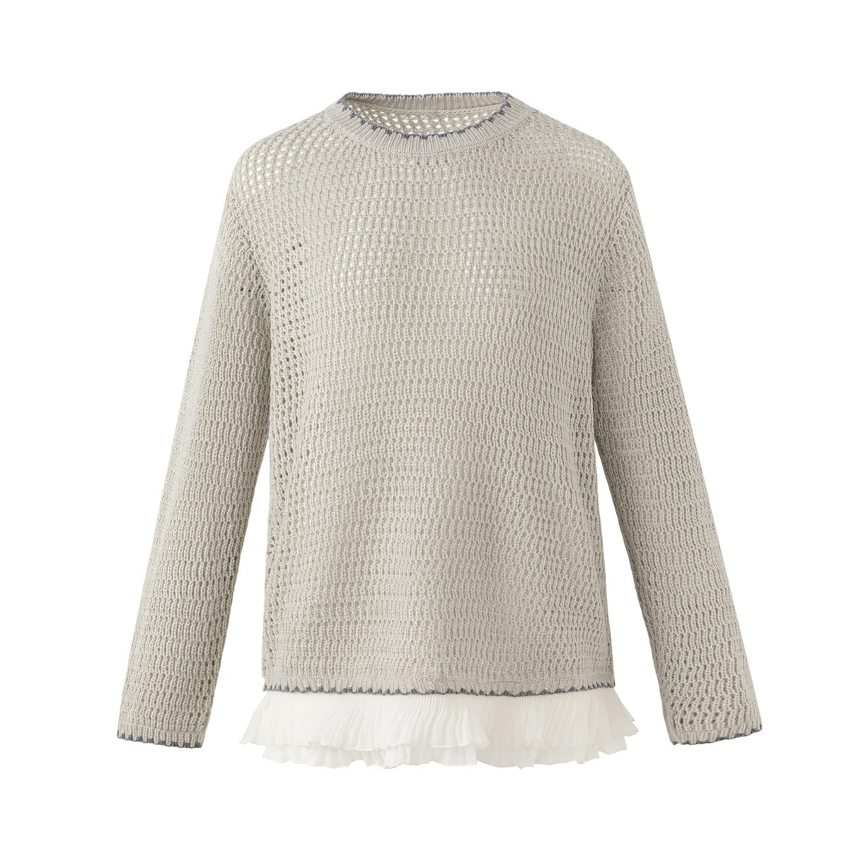 Light grey open-knit crewneck sweater with contrast stitched edges and white pleated ruffle hem, flat front view