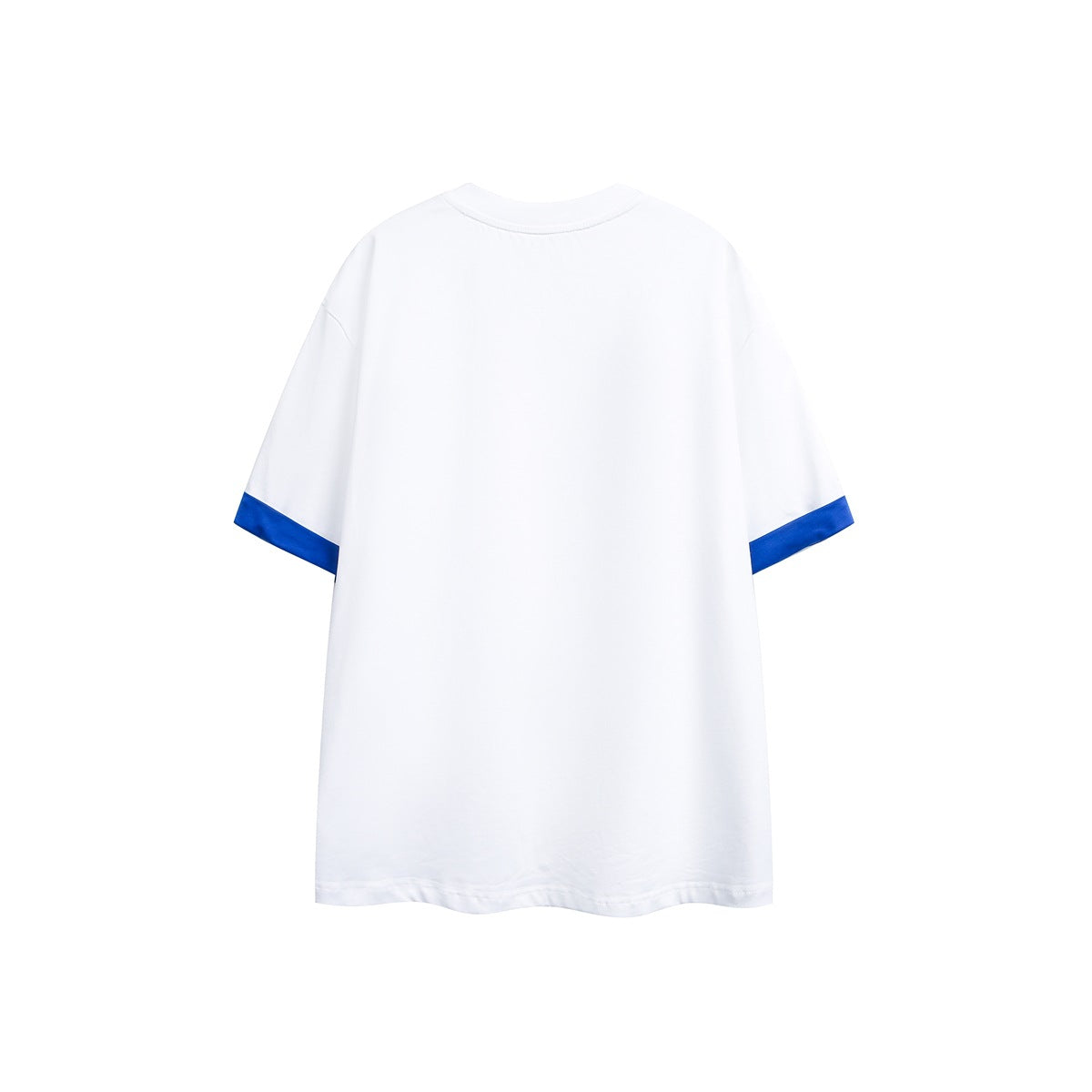 Back view of a white short-sleeve T-shirt with bright blue sleeve cuffs.