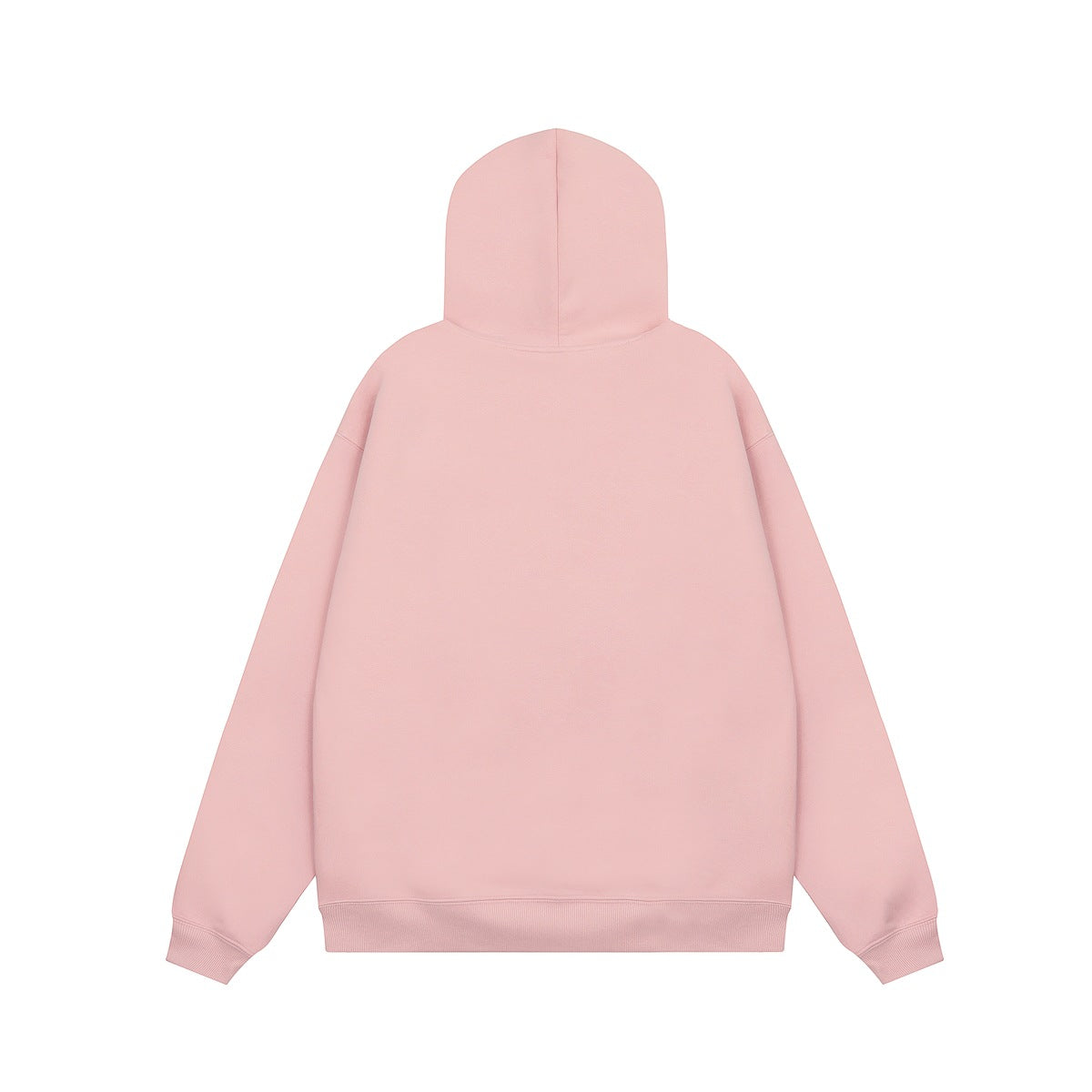 Back view of a plain pink hoodie flat lay showing the hood, drop shoulders and ribbed cuffs and hem