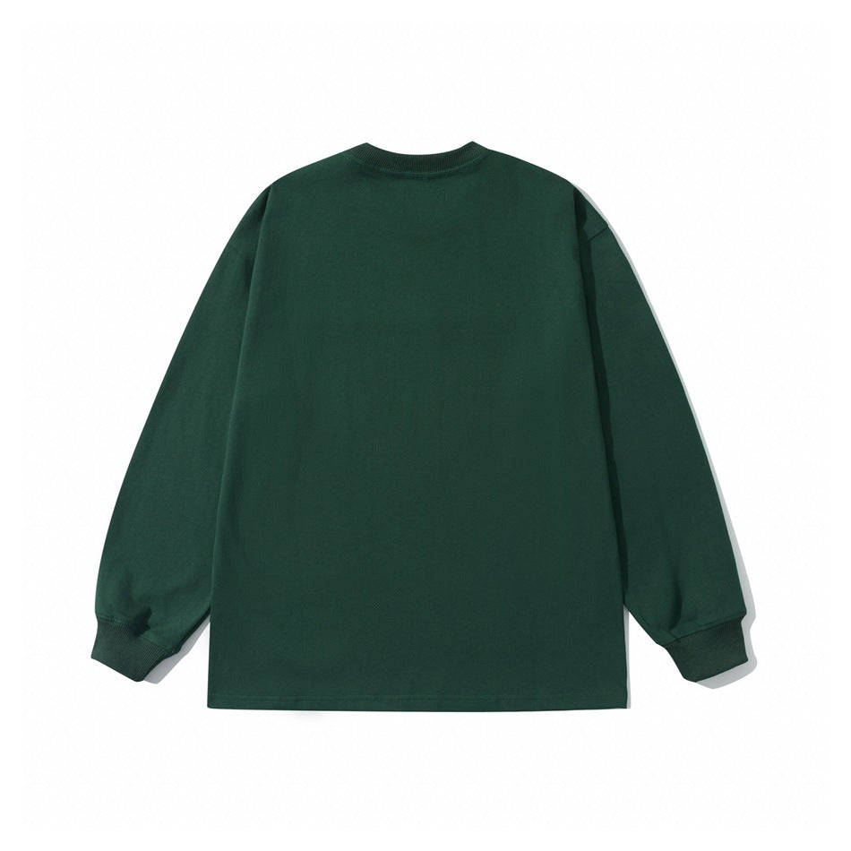 Back view of a dark green long sleeve top with ribbed collar and cuffs and a plain back