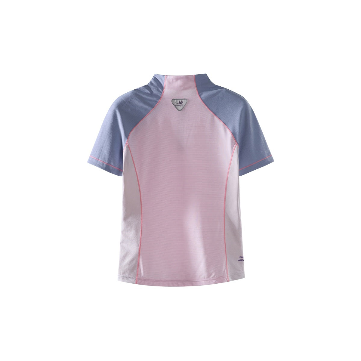 Back view of a pale pink top with blue-gray sleeves and pink piping.