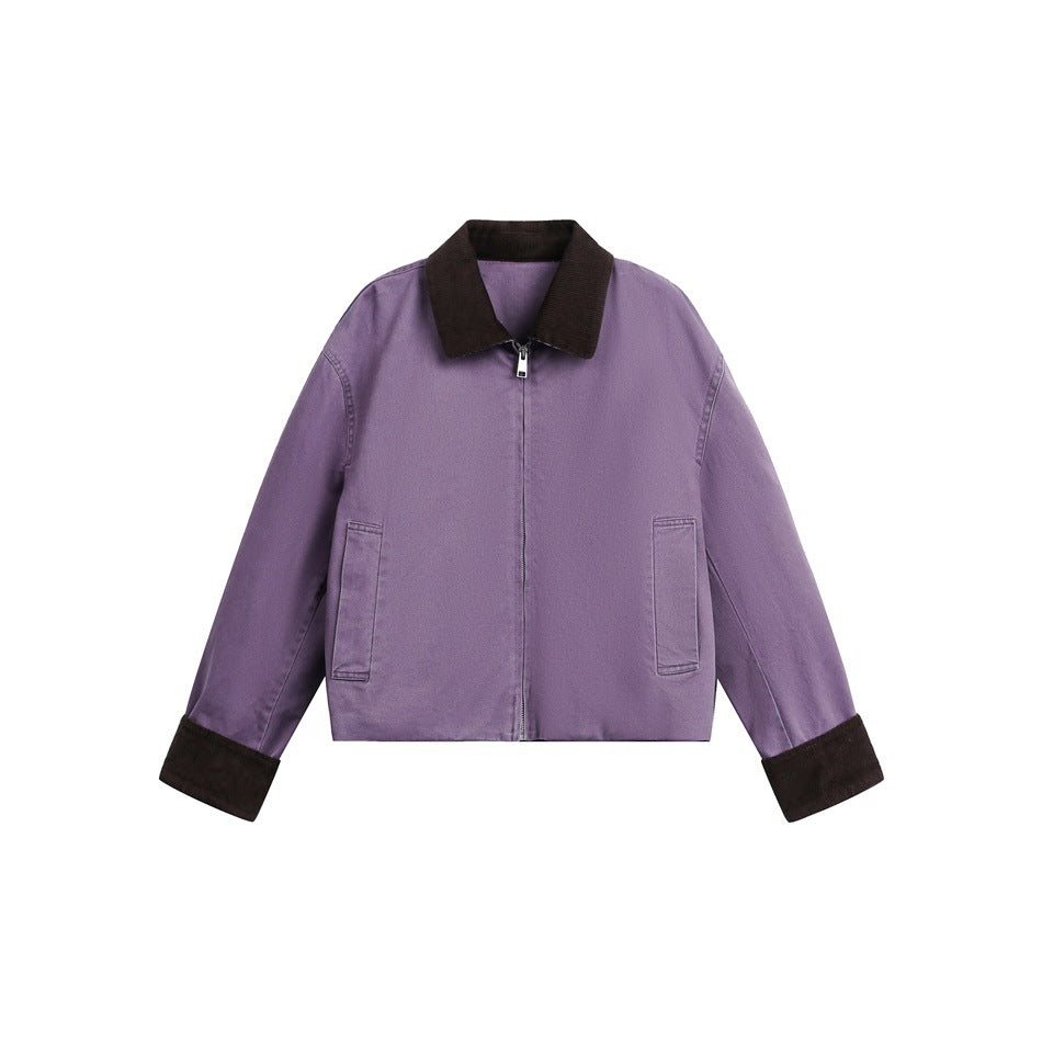 Purple cropped zip-front jacket with dark brown corduroy-style collar and cuffs, flat lay on white background