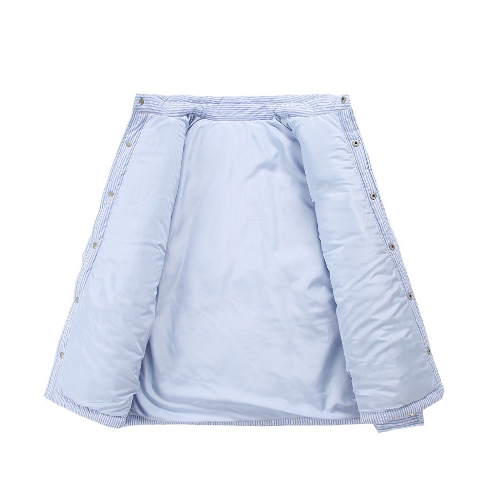 The light blue striped shirt jacket is opened to show its pale blue lining and snap fasteners along the edges.