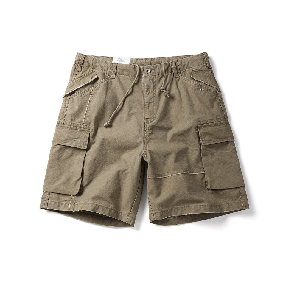Khaki olive cargo shorts flat lay, front view, with drawstring, flap cargo pockets and frayed seam details