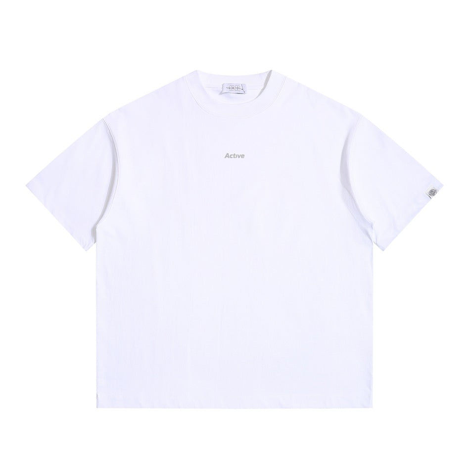 White short-sleeve crew-neck T-shirt flat lay with a small gray 'Active' print and a sleeve patch