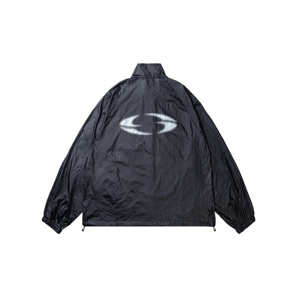 Back view of a black jacket with a large white emblem across the upper back, shown flat.