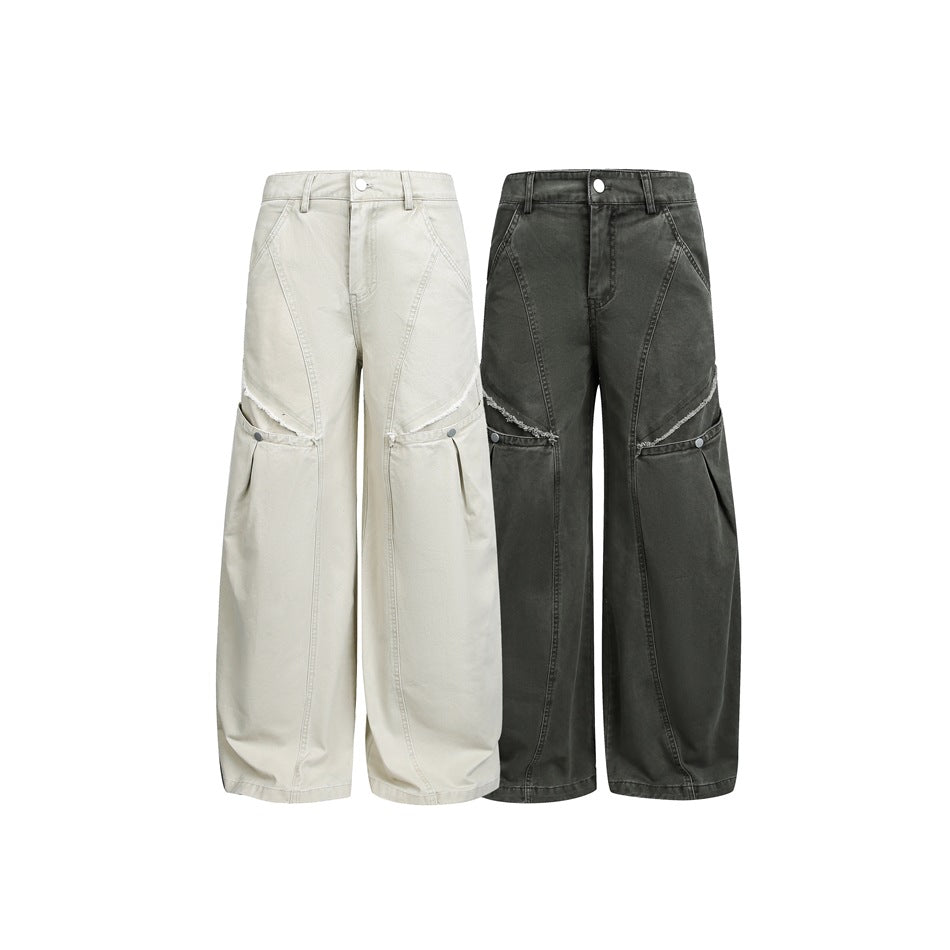 Two pairs of wide-leg pants shown from the front in light beige and charcoal gray, with buttoned knee panels.