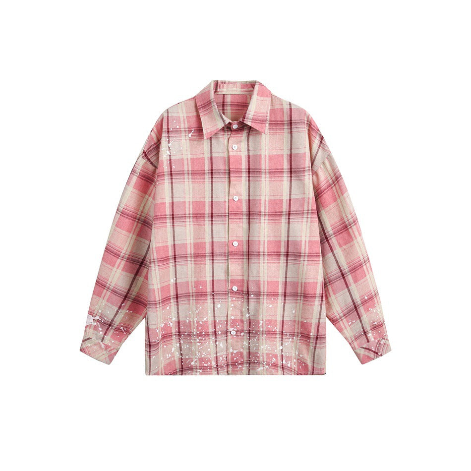 Pink and beige plaid long-sleeve button-up shirt with white paint splatters, flat lay front view