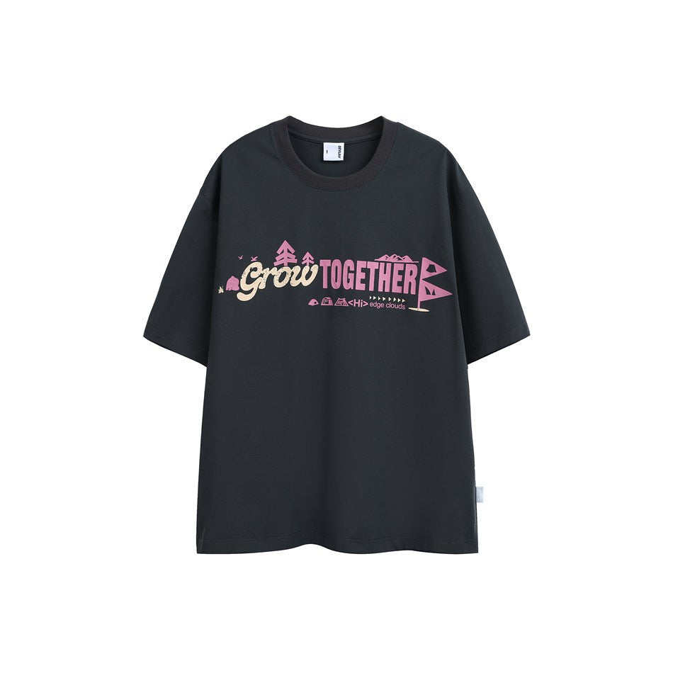 Dark gray short-sleeve T-shirt with pink and cream 'Grow TOGETHER' camping graphic and contrast ribbed collar