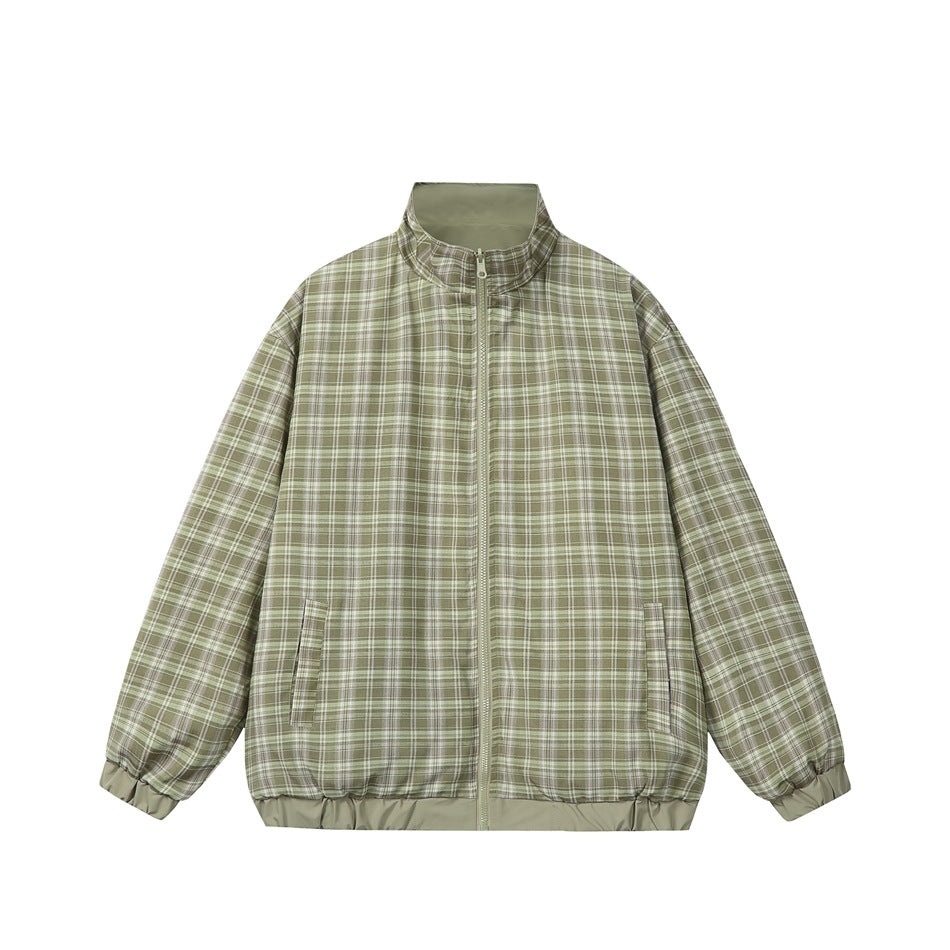 Front view of an olive and cream plaid zip jacket with a stand collar, two pockets, and elasticated cuffs and hem.