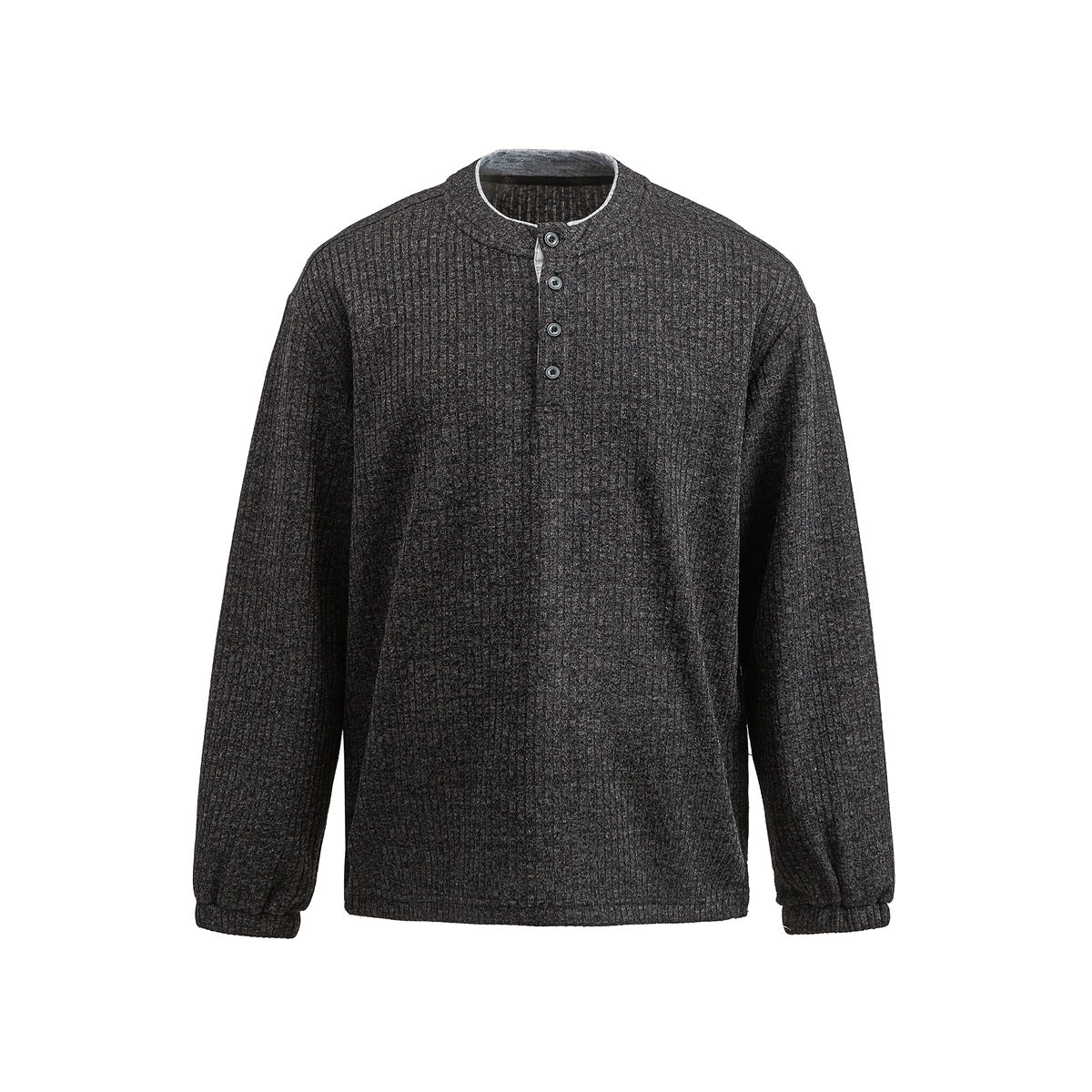 Dark charcoal ribbed knit Henley pullover with four buttons, light inner neck trim and ribbed cuffs, front view