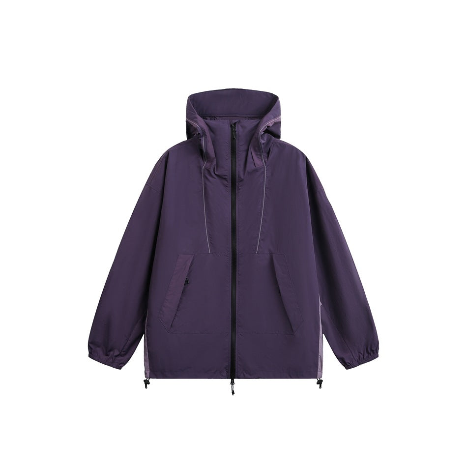 Purple hooded zip-up jacket with piping, front pockets, elastic cuffs and hem drawcords, flat front view