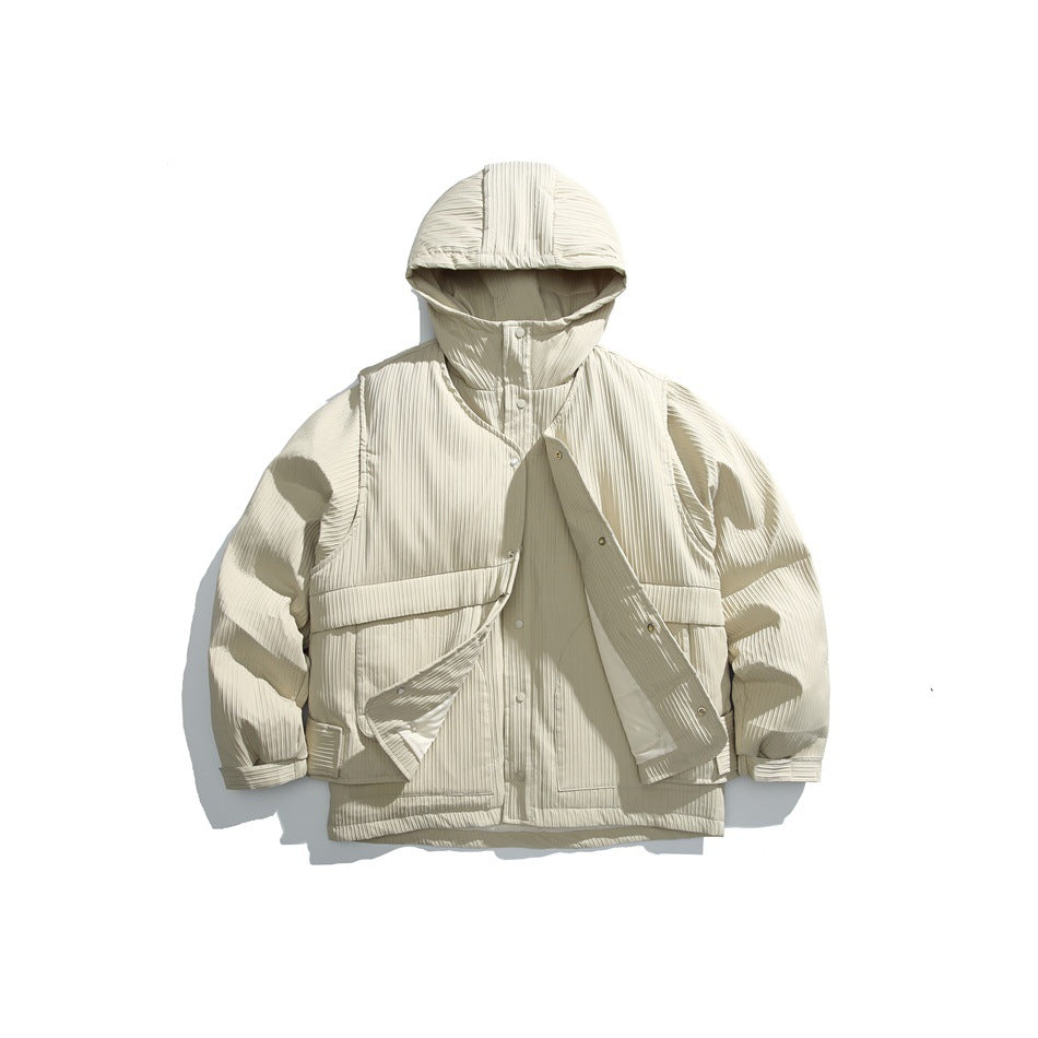 Beige hooded padded jacket flat lay with ribbed texture, snap front, flap pockets and vest-style outer layer