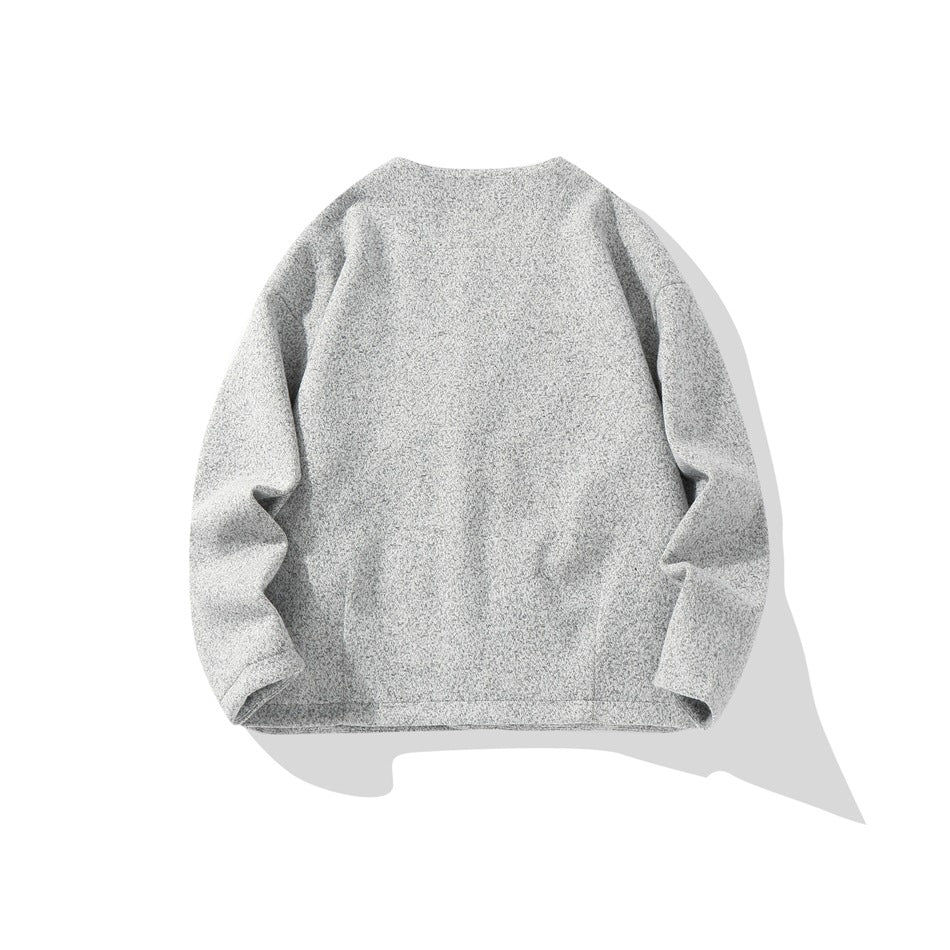 Back view of light gray heathered textured jacket with long sleeves, flat lay