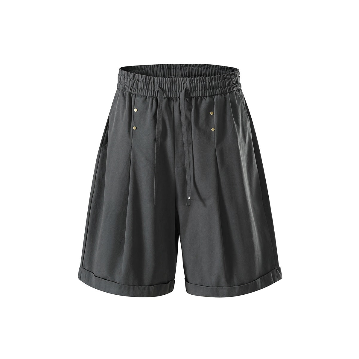 Dark gray pleated wide-leg shorts with drawstring elastic waist, metal rivets and rolled cuffs, front view