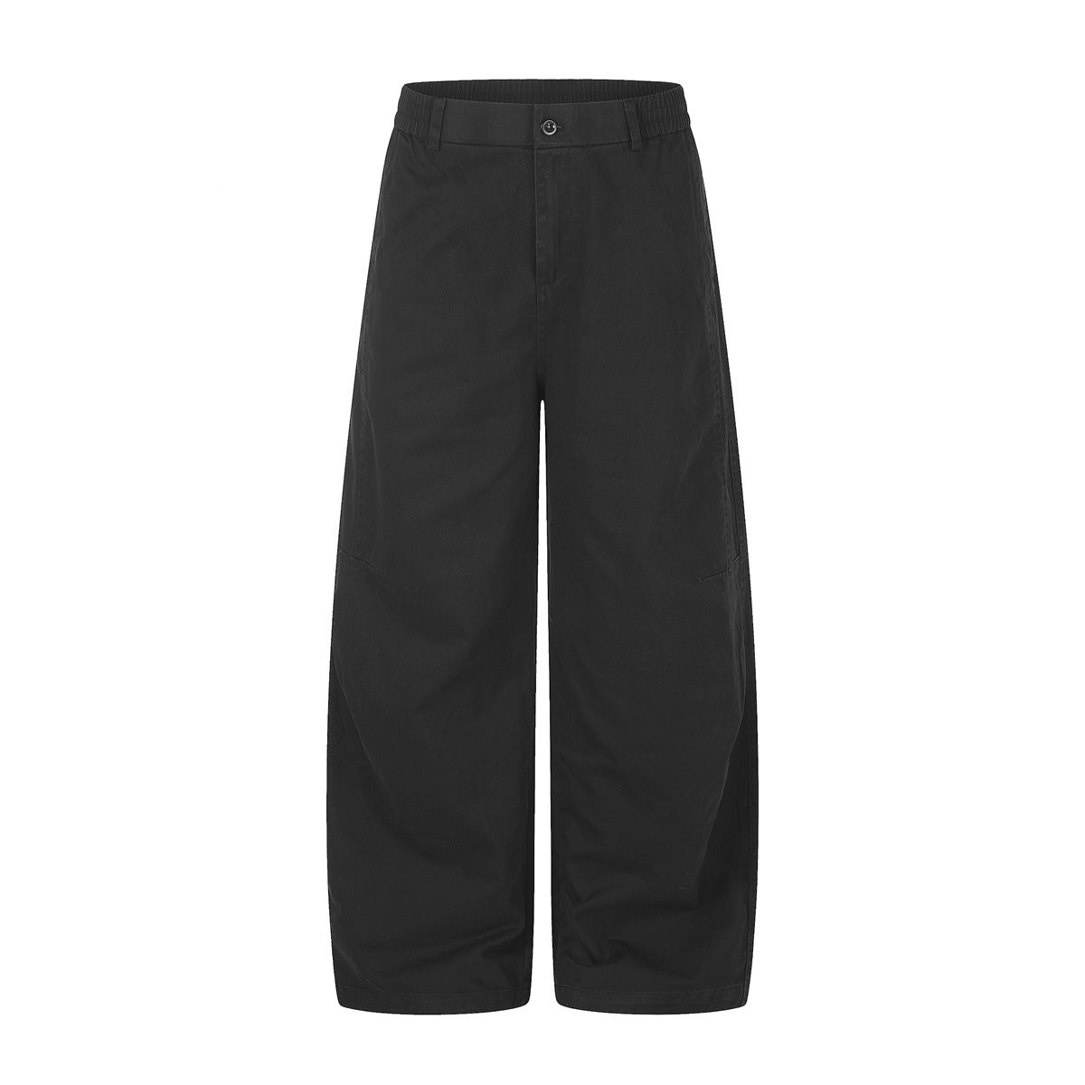 Black wide-leg pants with elastic side waist, belt loops, button closure and curved leg seams, front flat view