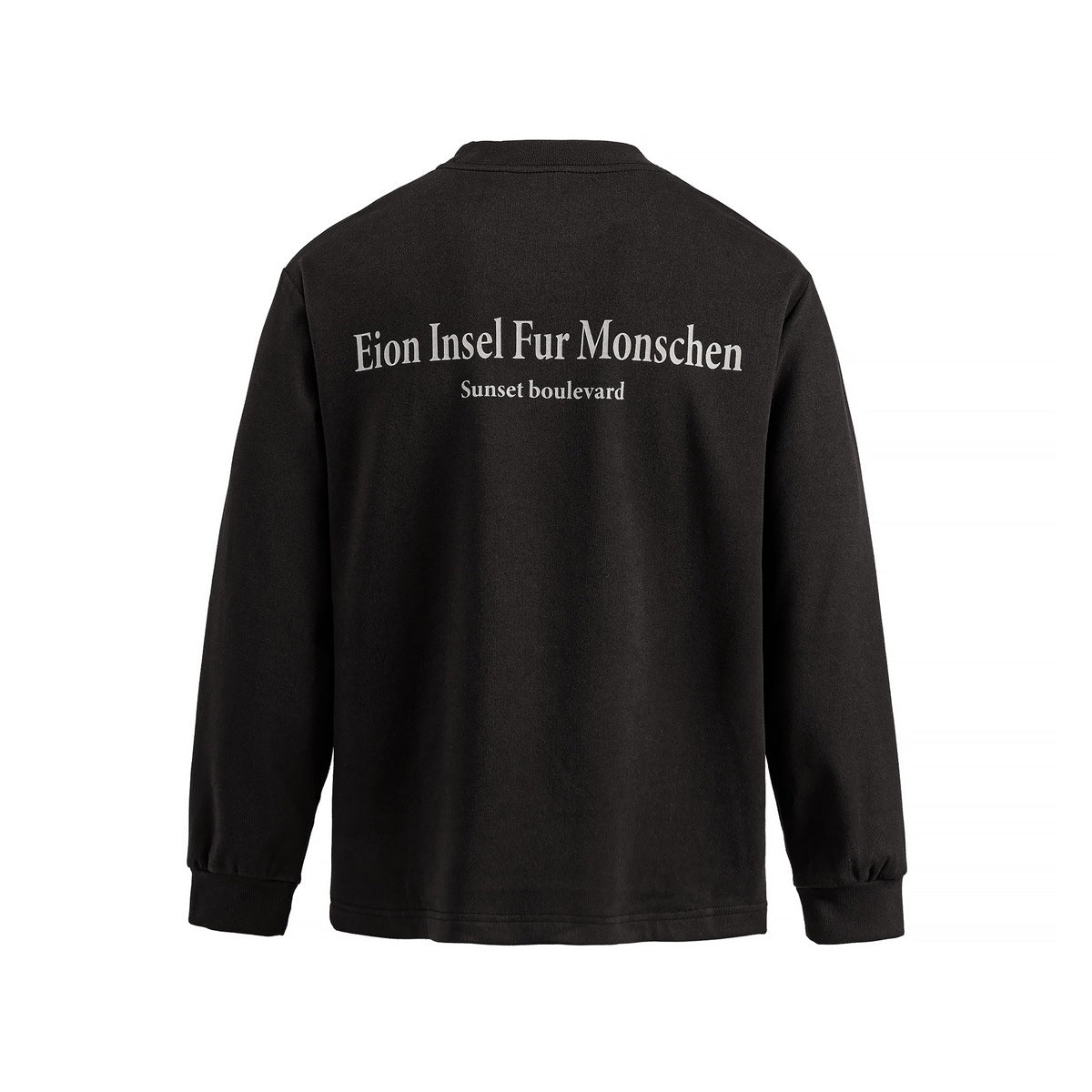 Back view of a black long-sleeve crewneck top with large white English text across the upper back.