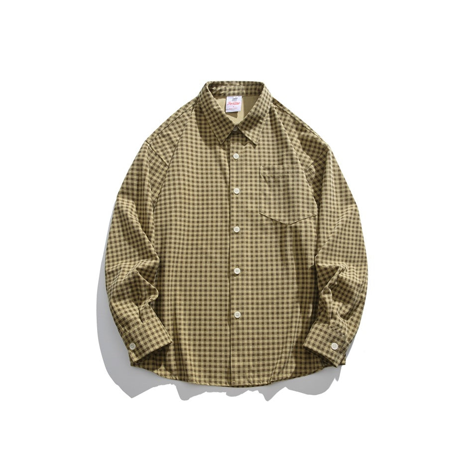 Olive-yellow and brown small gingham long-sleeve button-up shirt with chest pocket, flat lay